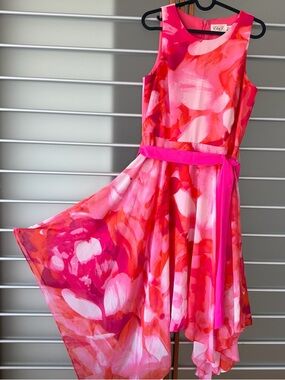 Eliza J Pink and Red Floral Fit-and-Flare Asymmetrical Dress with Sash